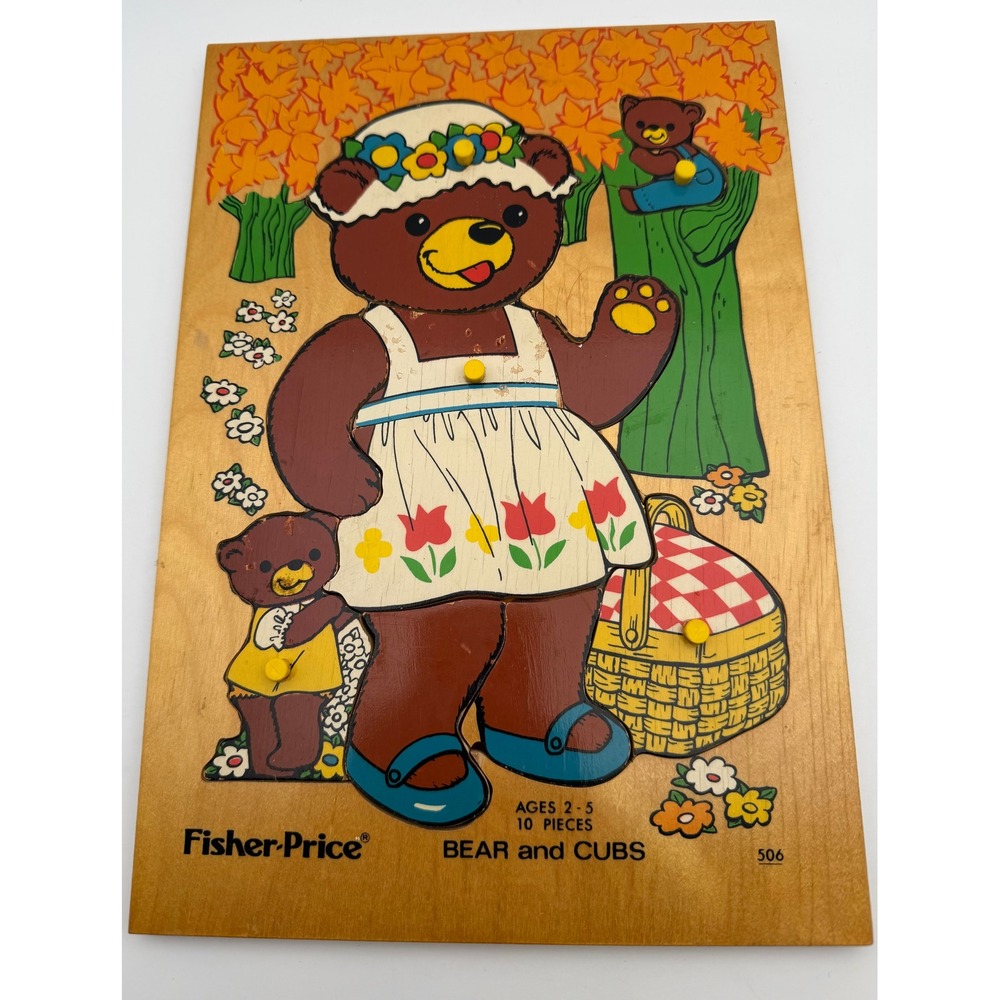 Vintage Fisher Price Bear and Cubs Wooden Peg Puzzle 506 10 Piece 1973 Holland